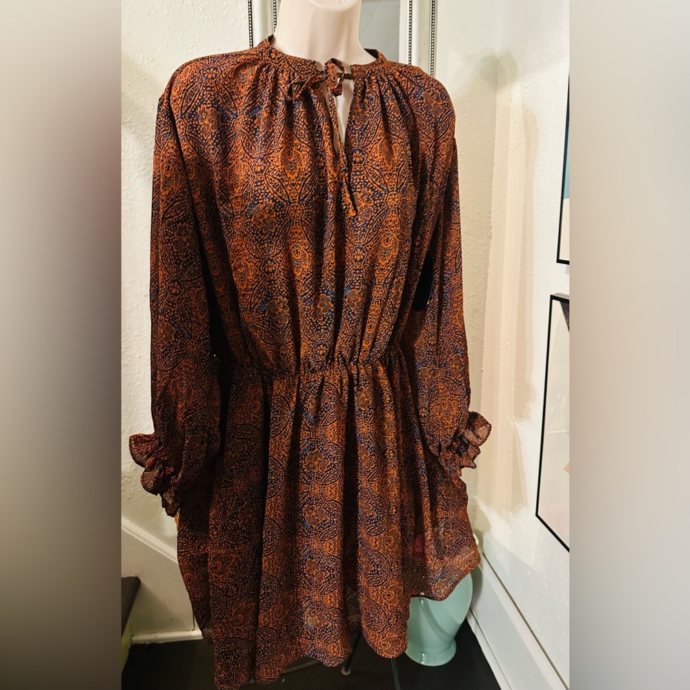 Scoop  V Neck Semi Sheer Long Sleeve Chiffon Dress with Elastic Waist NWT M